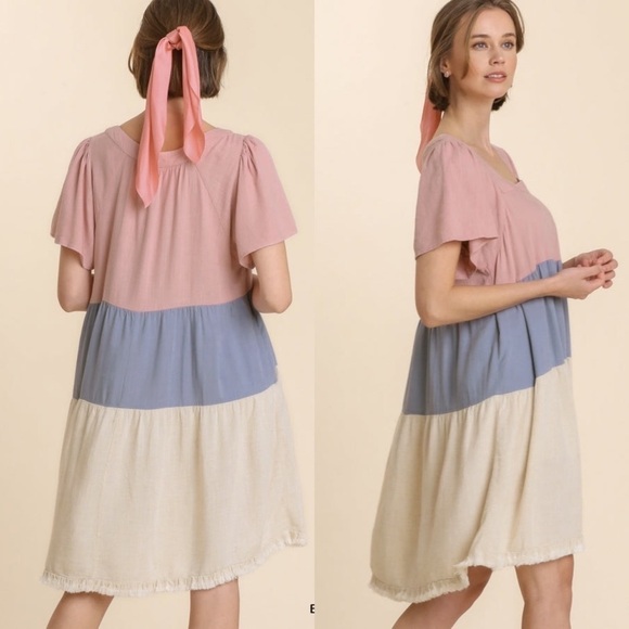 🆕 Umgee Linen Blend Colorblock Square Neckline Short Sleeve Dress Frayed Hem - Picture 2 of 6